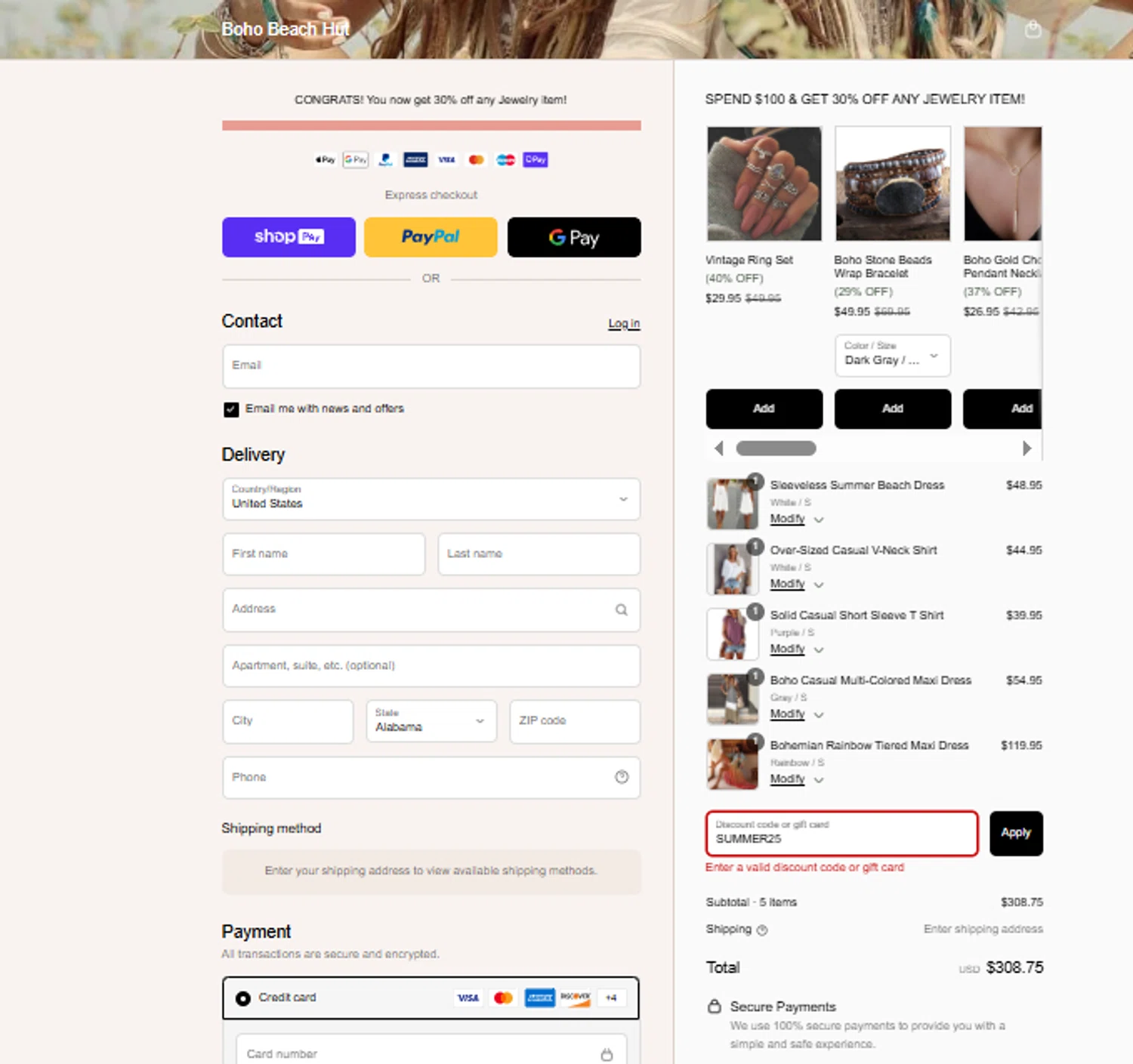 Boho Beach Hut coupon code screenshot showing code SUMMER25 applied at Boho Beach Hut checkout page. Uploaded by SimplyCodes community member BargainLegend9813 on Jul 9, 2025