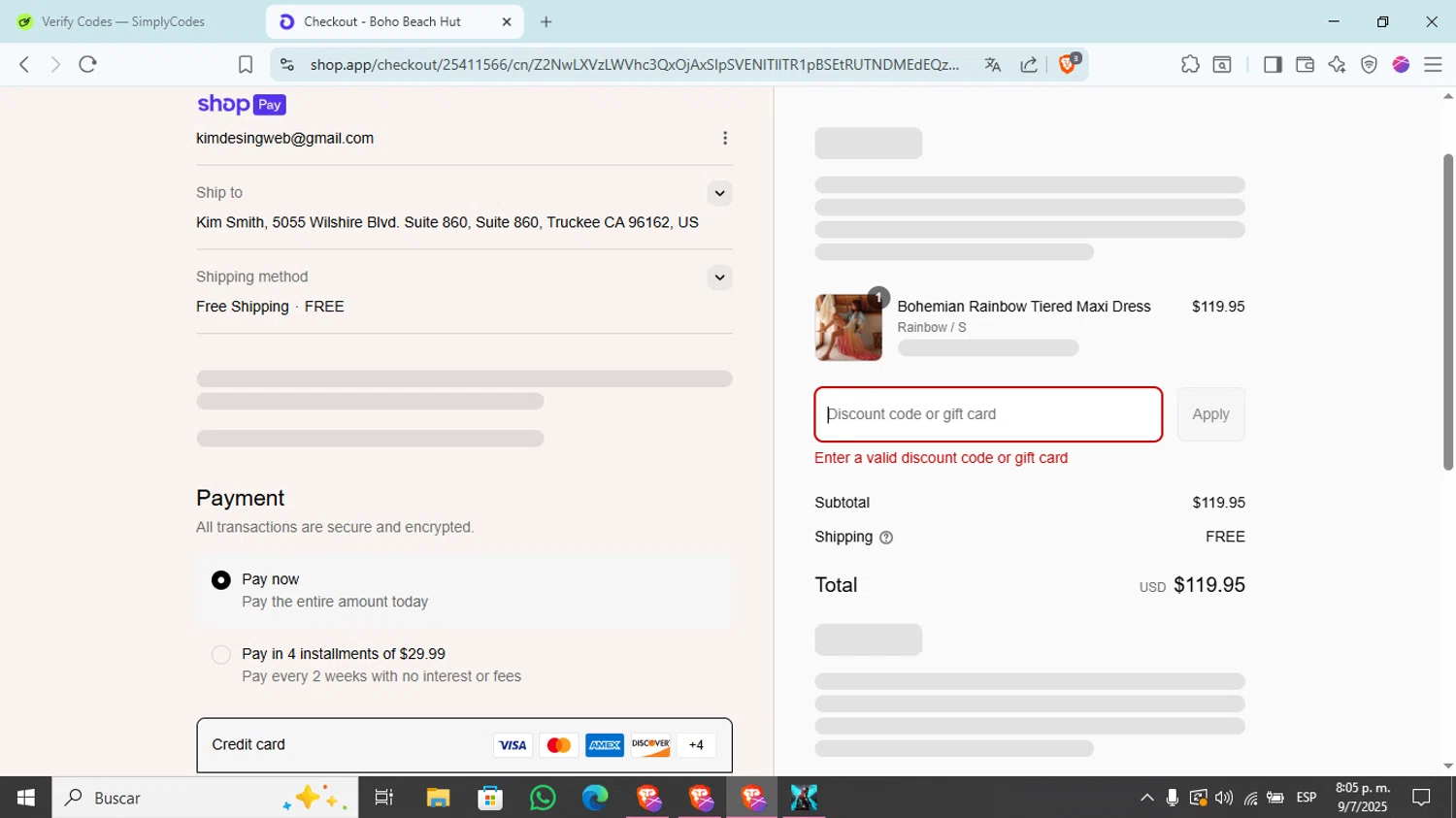 Boho Beach Hut coupon code screenshot showing code SUMMER25 applied at Boho Beach Hut checkout page. Uploaded by SimplyCodes community member Kim_michi on Jul 10, 2025