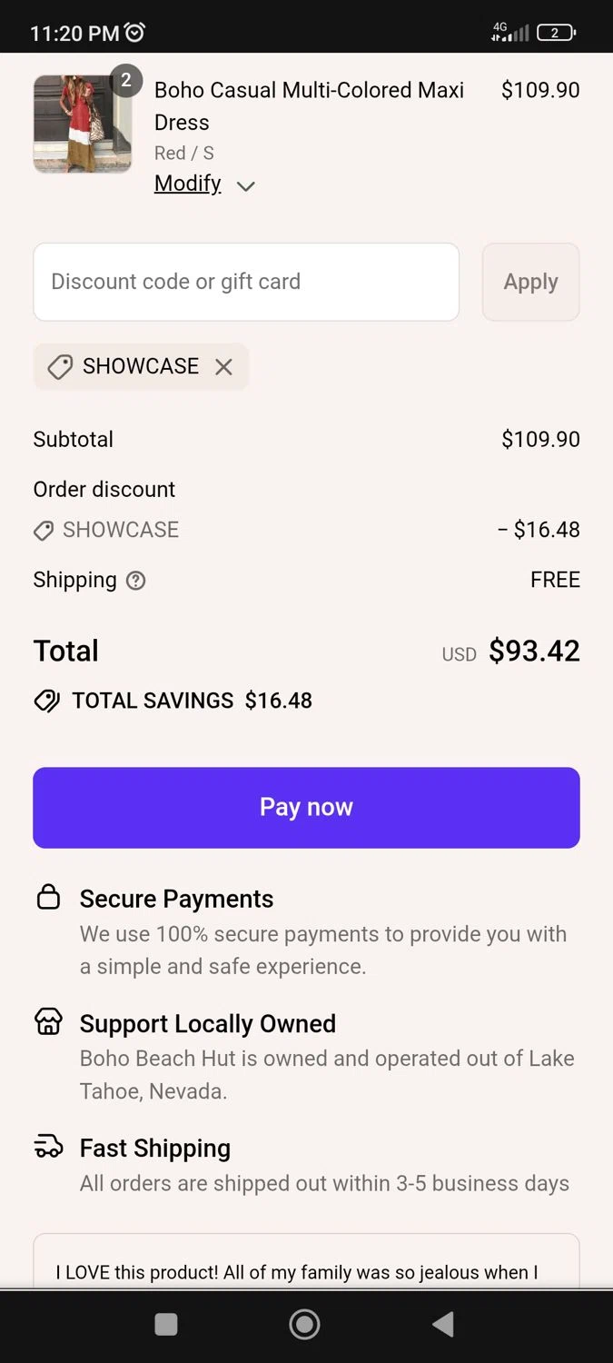 Boho Beach Hut coupon code screenshot showing code SHOWCASE applied at Boho Beach Hut checkout page. Uploaded by SimplyCodes community member BargainPioneer8286 on Jul 27, 2025