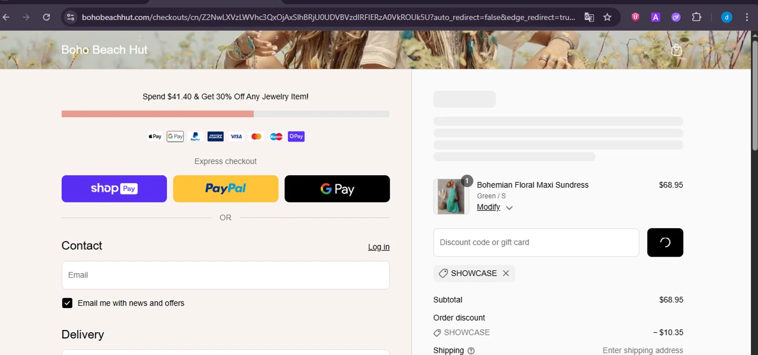 Boho Beach Hut coupon code screenshot showing code SHOWCASE applied at Boho Beach Hut checkout page. Uploaded by SimplyCodes community member GloriousWizard8260 on Jun 9, 2025