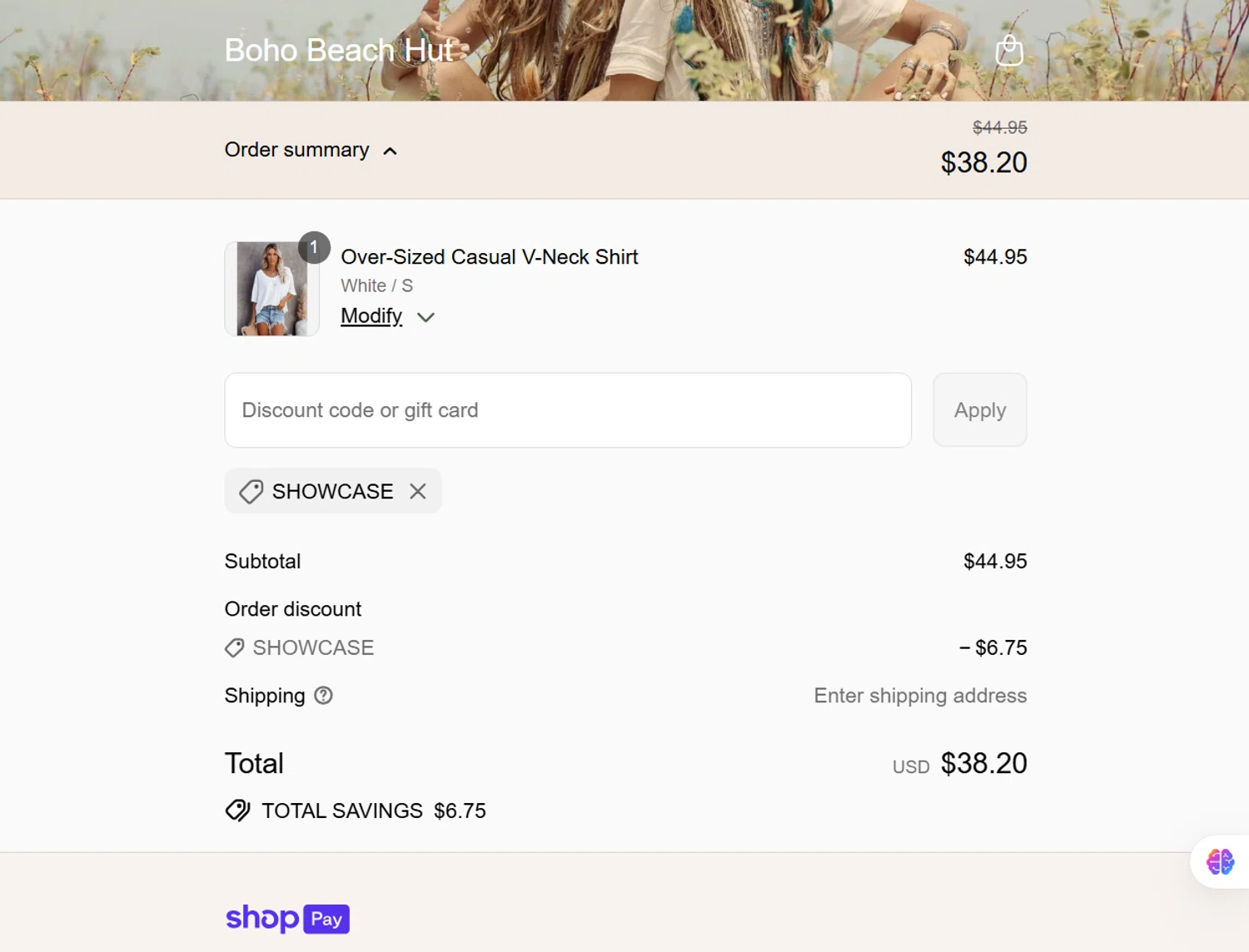 Boho Beach Hut coupon code screenshot showing code SHOWCASE applied at Boho Beach Hut checkout page. Uploaded by SimplyCodes community member TokenMonarch4470 on Jul 18, 2025