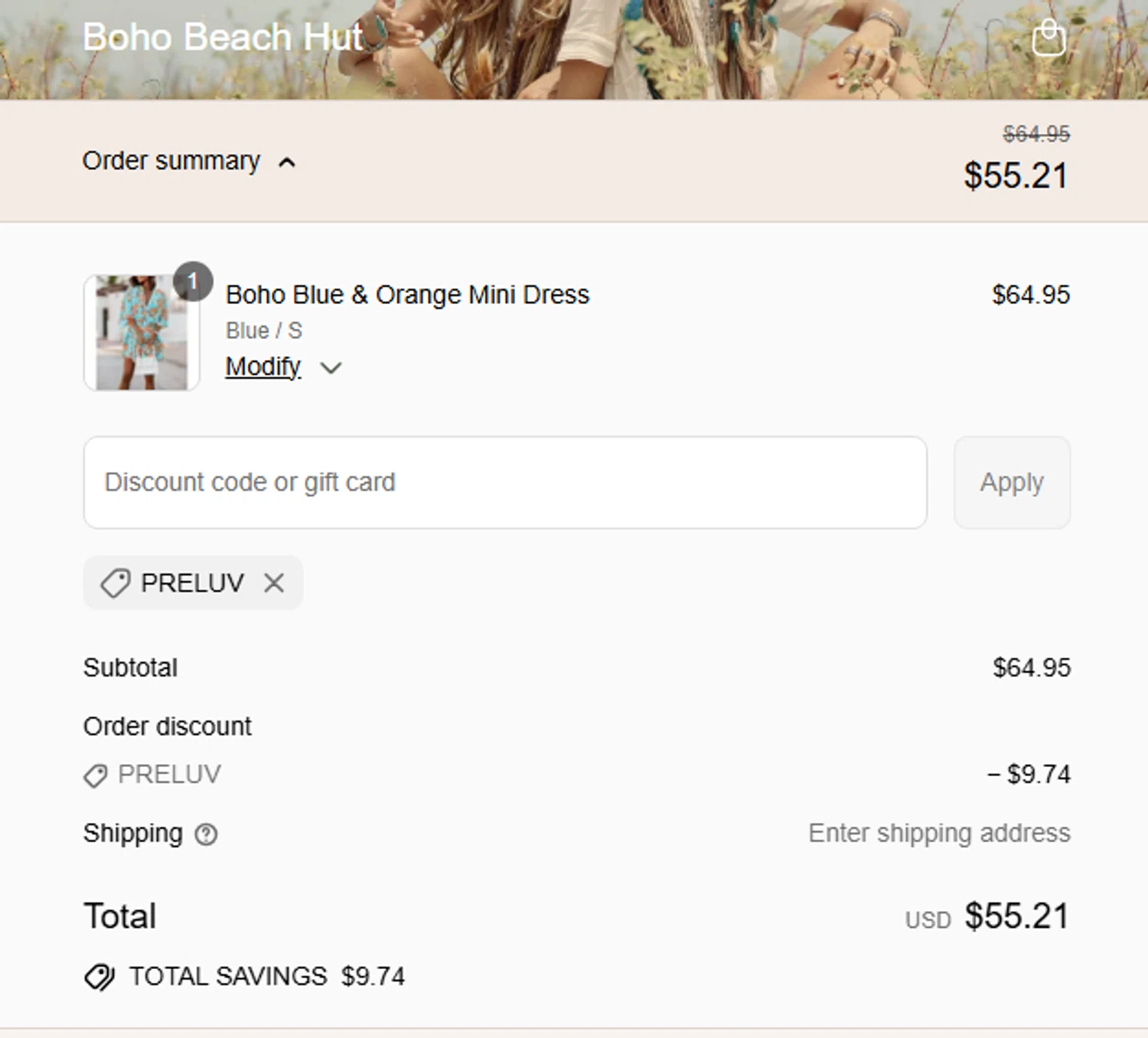 Boho Beach Hut coupon code screenshot showing code PRELUV applied at Boho Beach Hut checkout page. Uploaded by SimplyCodes community member CouponLion3243 on Aug 16, 2025