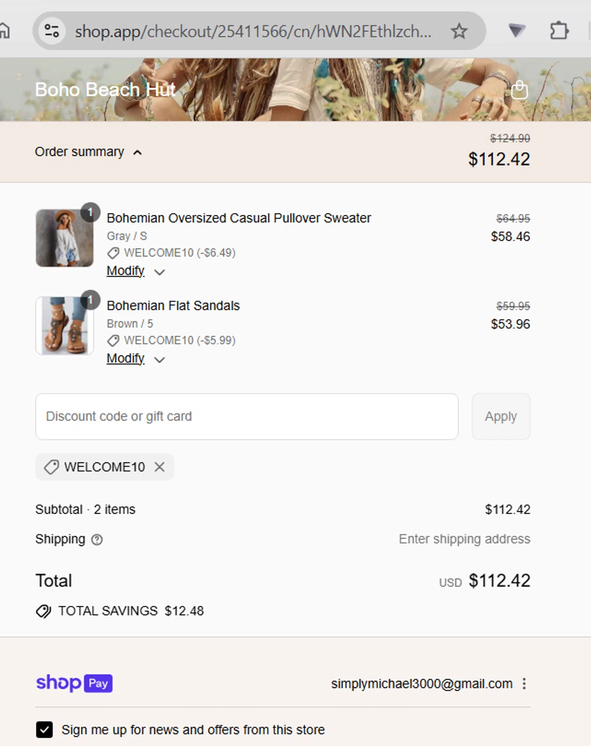 Boho Beach Hut coupon code screenshot showing code WELCOME10 applied at Boho Beach Hut checkout page. Uploaded by SimplyCodes community member WonderExpert2552 on Aug 26, 2025