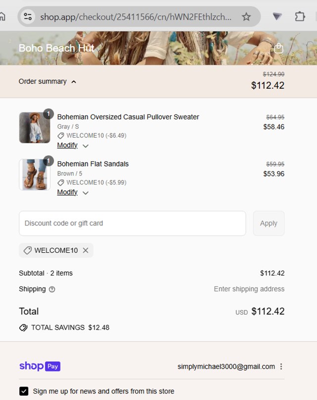 Boho Beach Hut checkout page showing Boho Beach Hut coupon code box | Screenshot taken by SimplyCodes community member on Aug 26, 2025