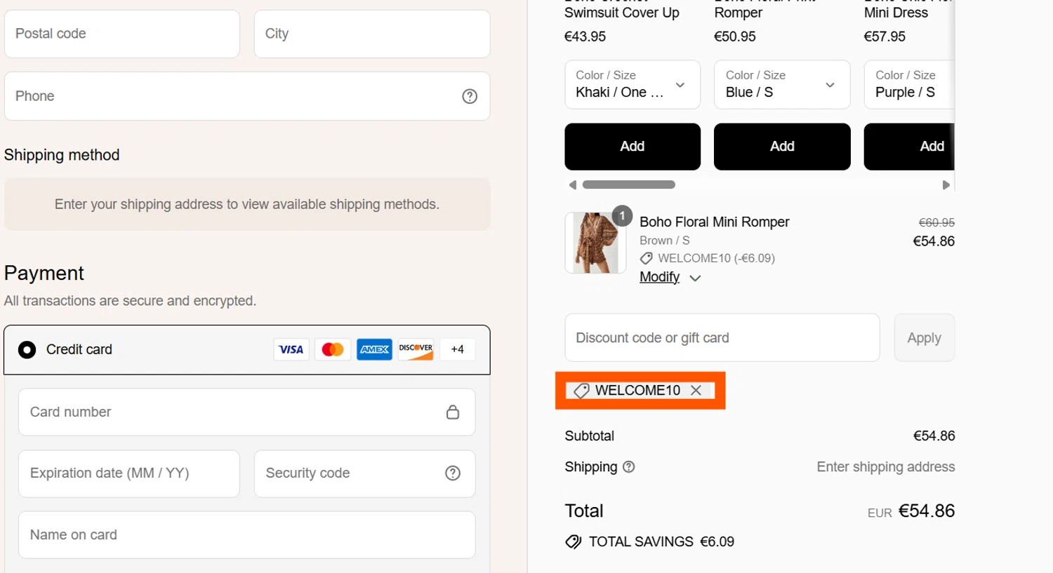 Boho Beach Hut coupon code screenshot showing code WELCOME10 applied at Boho Beach Hut checkout page. Uploaded by SimplyCodes community member CleverSentinel4477 on Aug 4, 2025