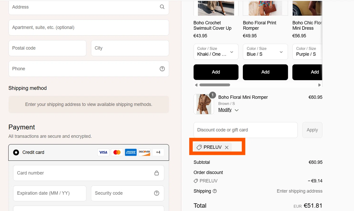 Boho Beach Hut coupon code screenshot showing code PRELUV applied at Boho Beach Hut checkout page. Uploaded by SimplyCodes community member CleverSentinel4477 on Aug 2, 2025