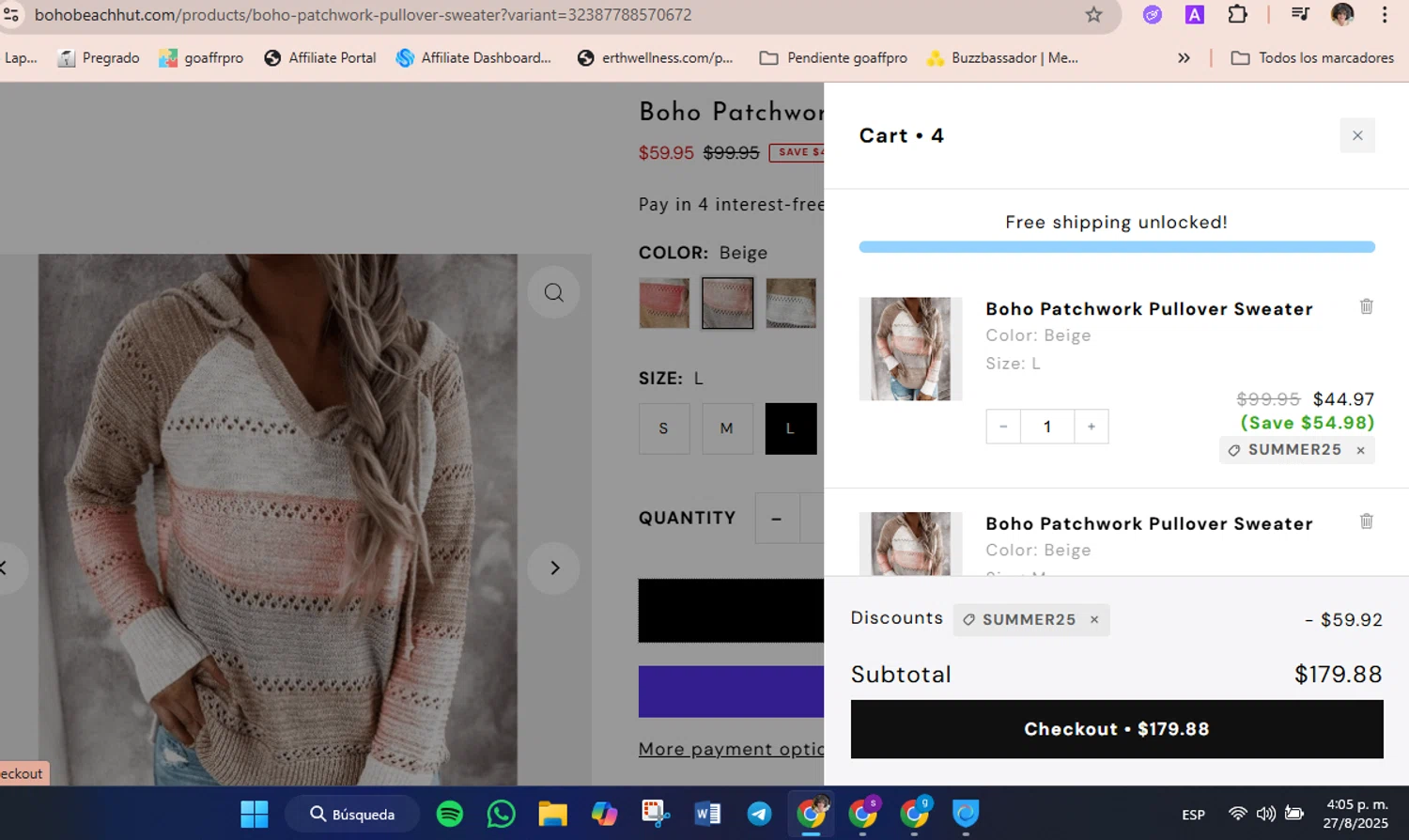 Boho Beach Hut coupon code screenshot showing code summer25 applied at Boho Beach Hut checkout page. Uploaded by SimplyCodes community member FrugalVirtuoso6318 on Aug 27, 2025