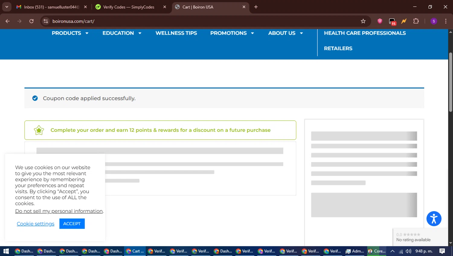 Boiron discount code screenshot showing code BOIRON10 applied at Boiron checkout page. Uploaded by SimplyCodes community member ShieldWarden7838 on Jun 21, 2025