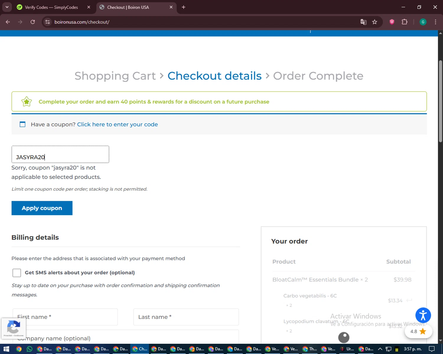 Boiron discount code screenshot showing code JASYRA20 applied at Boiron checkout page. Uploaded by SimplyCodes community member PennyFinder5759 on Jan 31, 2026
