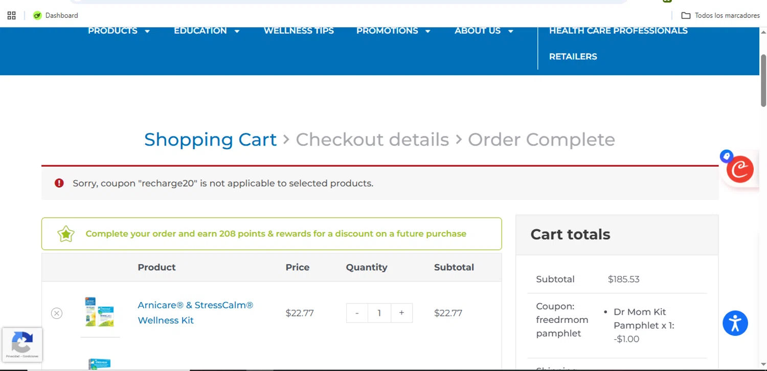 Boiron discount code screenshot showing code RECHARGE20 applied at Boiron checkout page. Uploaded by SimplyCodes community member Speedy on Dec 9, 2025
