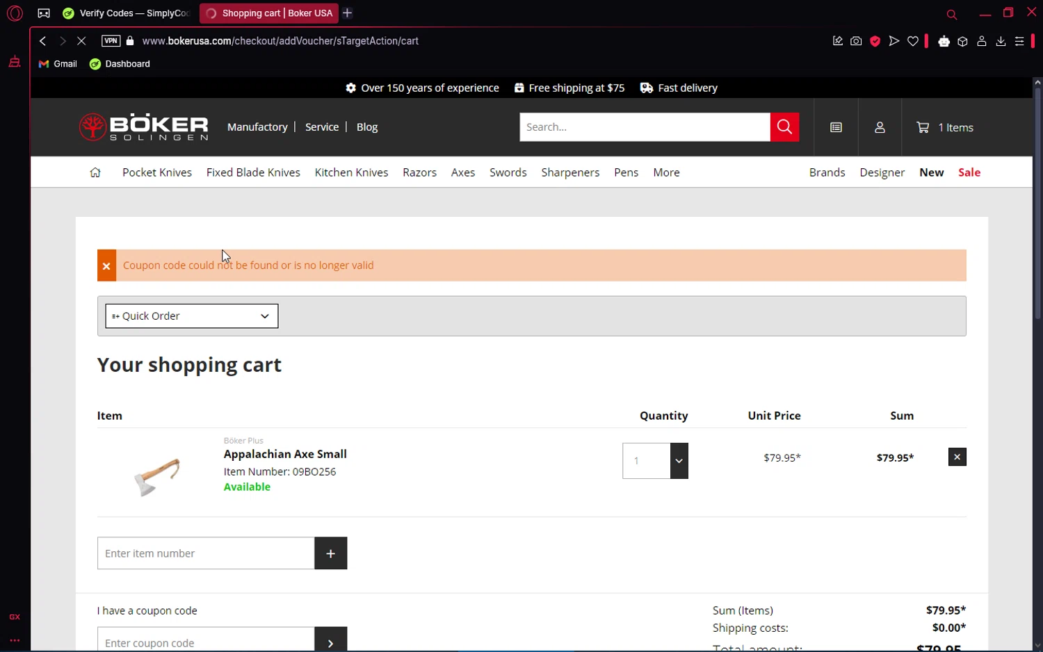 Boker USA coupon code screenshot showing code THANKS applied at Boker USA checkout page. Uploaded by SimplyCodes community member editor_1 on Jan 24, 2025