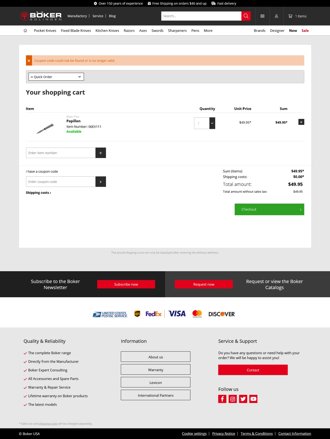 Boker USA coupon code screenshot showing code THANKS applied at Boker USA checkout page. Uploaded by SimplyCodes community member WladimirV on Mar 25, 2025