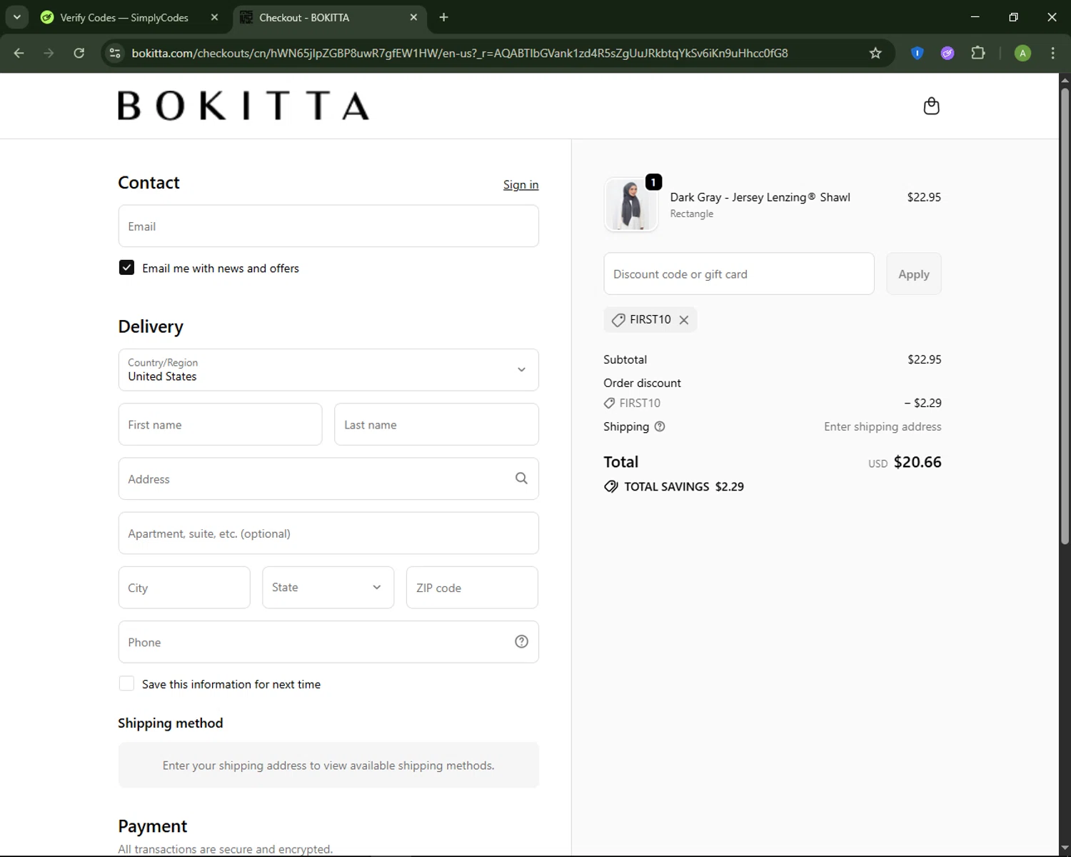 Bokitta discount code screenshot showing code first10 applied at Bokitta checkout page. Uploaded by SimplyCodes community member MagnificentSaver708 on Dec 5, 2025