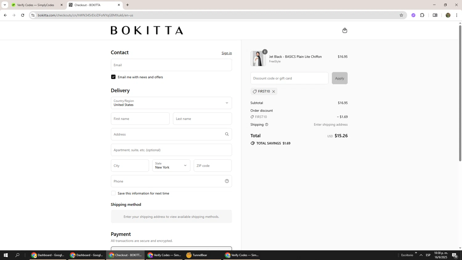 Bokitta discount code screenshot showing code first10 applied at Bokitta checkout page. Uploaded by SimplyCodes community member Phoenix585 on Sep 17, 2025