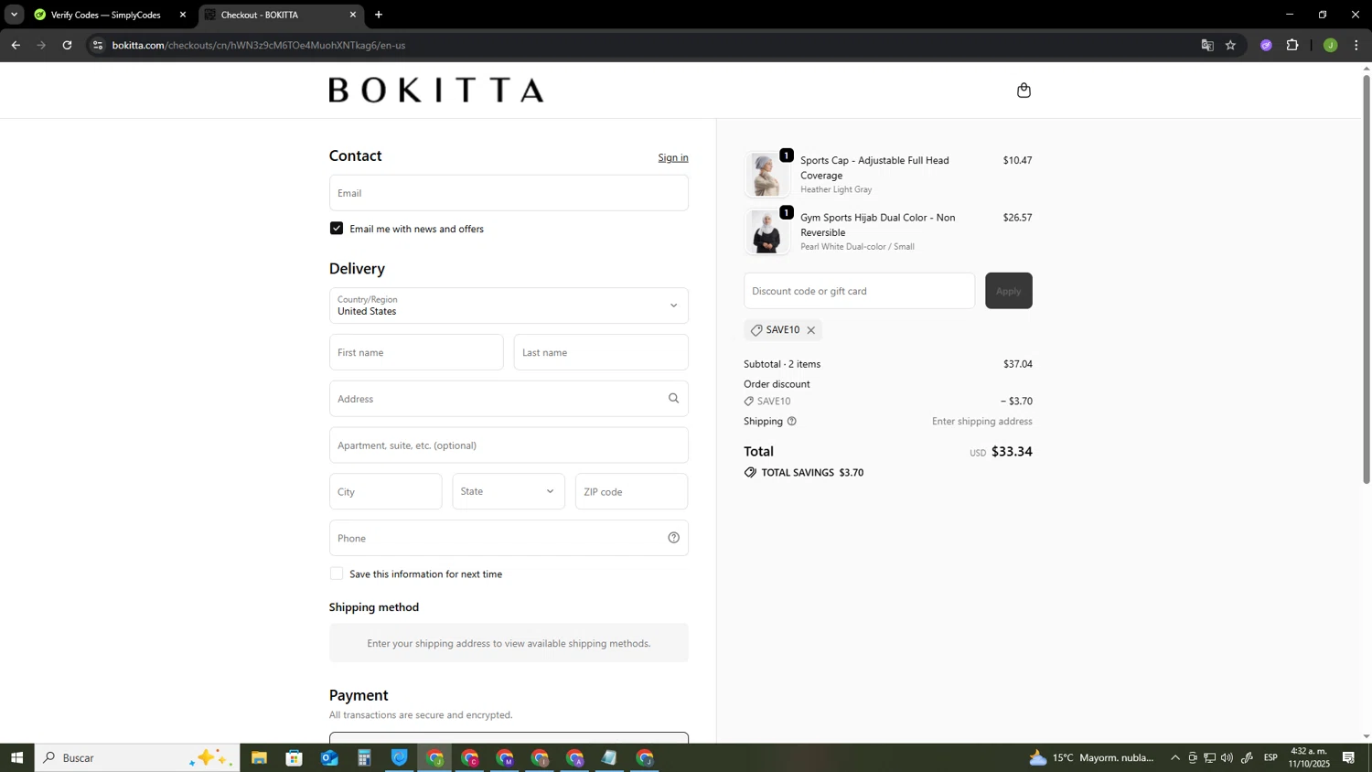 Bokitta discount code screenshot showing code SAVE10 applied at Bokitta checkout page. Uploaded by SimplyCodes community member SAIKOO on Oct 11, 2025