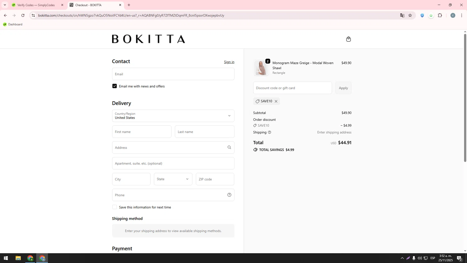 Bokitta discount code screenshot showing code SAVE10 applied at Bokitta checkout page. Uploaded by SimplyCodes community member ValueHawk3038 on Nov 25, 2025