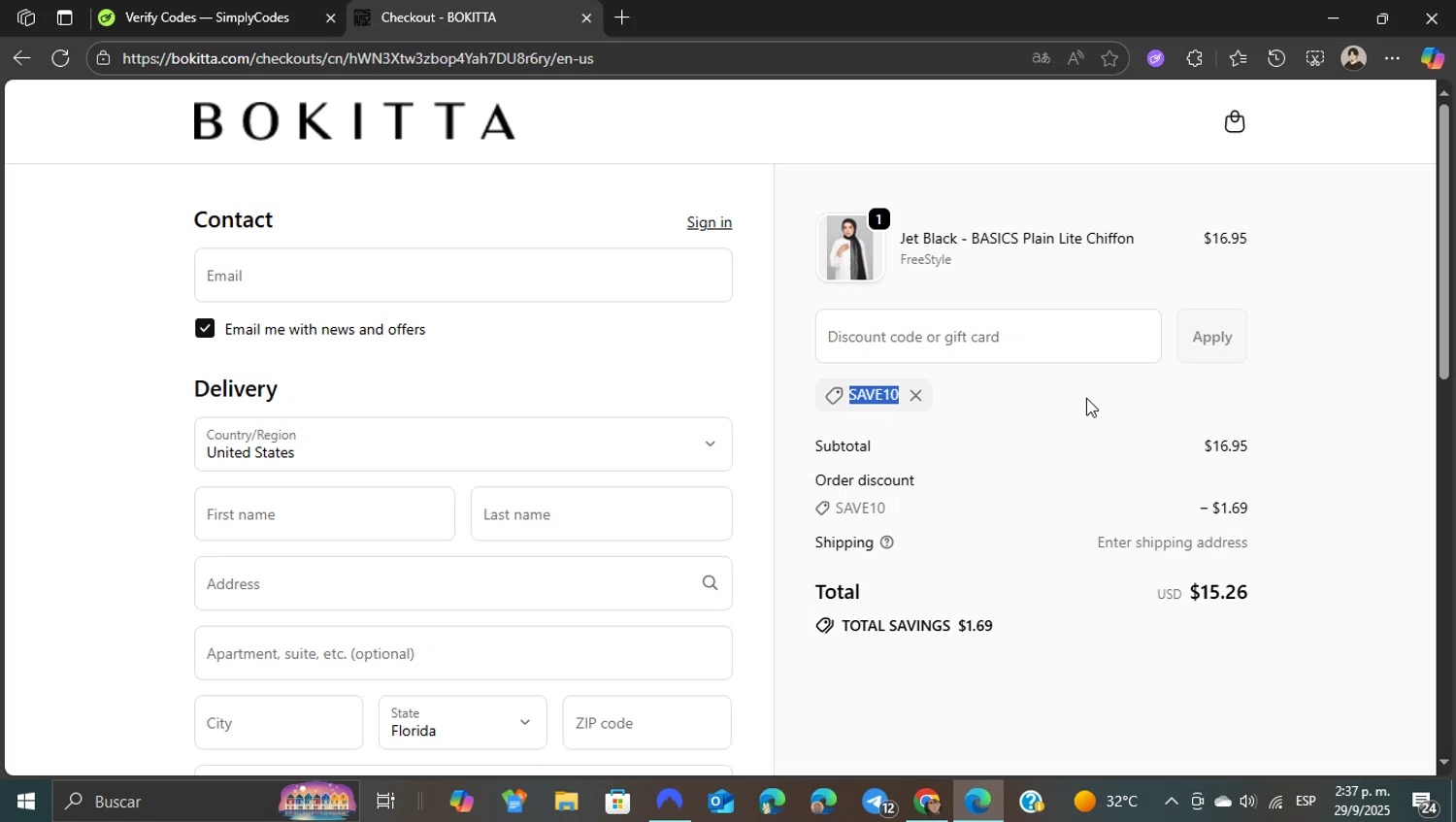 Bokitta discount code screenshot showing code SAVE10 applied at Bokitta checkout page. Uploaded by SimplyCodes community member WonderKnight7884 on Sep 29, 2025