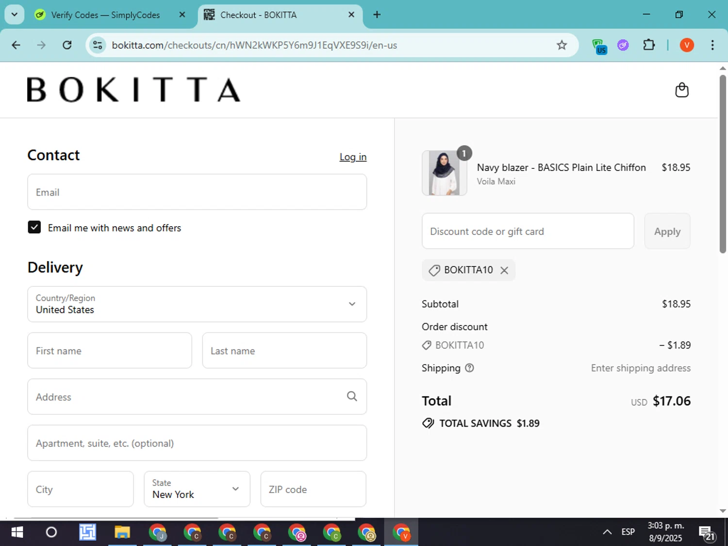 Bokitta discount code screenshot showing code Bokitta10 applied at Bokitta checkout page. Uploaded by SimplyCodes community member CodeMonarch8148 on Sep 8, 2025