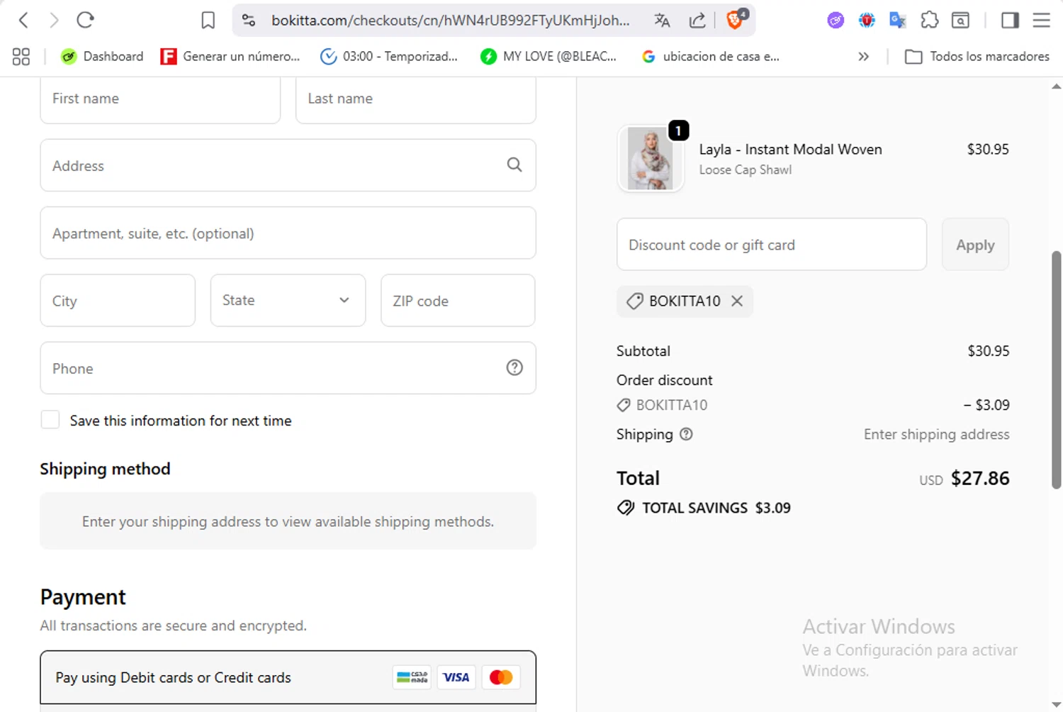 Bokitta discount code screenshot showing code Bokitta10 applied at Bokitta checkout page. Uploaded by SimplyCodes community member VoucherFalcon3942 on Nov 3, 2025