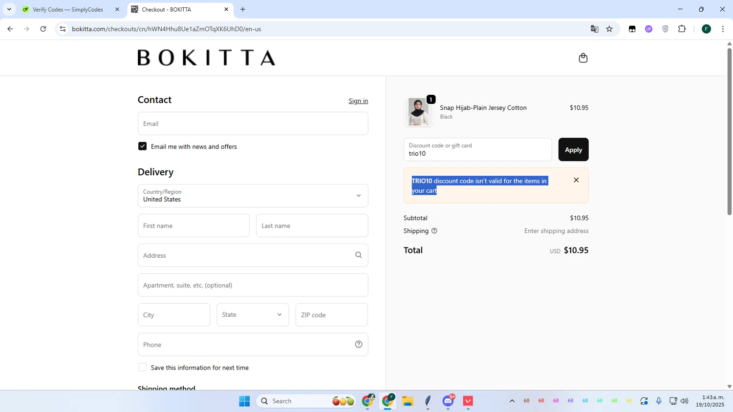 Bokitta discount code screenshot showing code trio10 applied at Bokitta checkout page. Uploaded by SimplyCodes community member Juanse on Oct 19, 2025