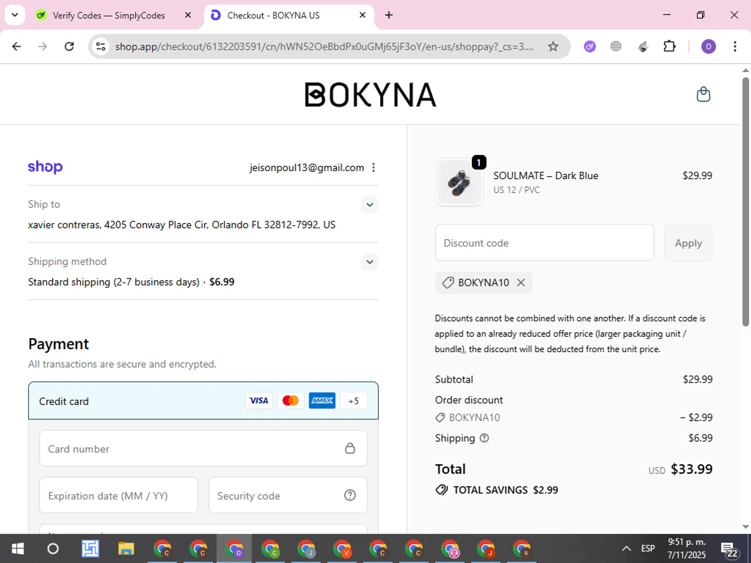 Bokyna discount code screenshot showing code BOKYNA10 applied at Bokyna checkout page. Uploaded by SimplyCodes community member CleverLynx8245 on Nov 8, 2025