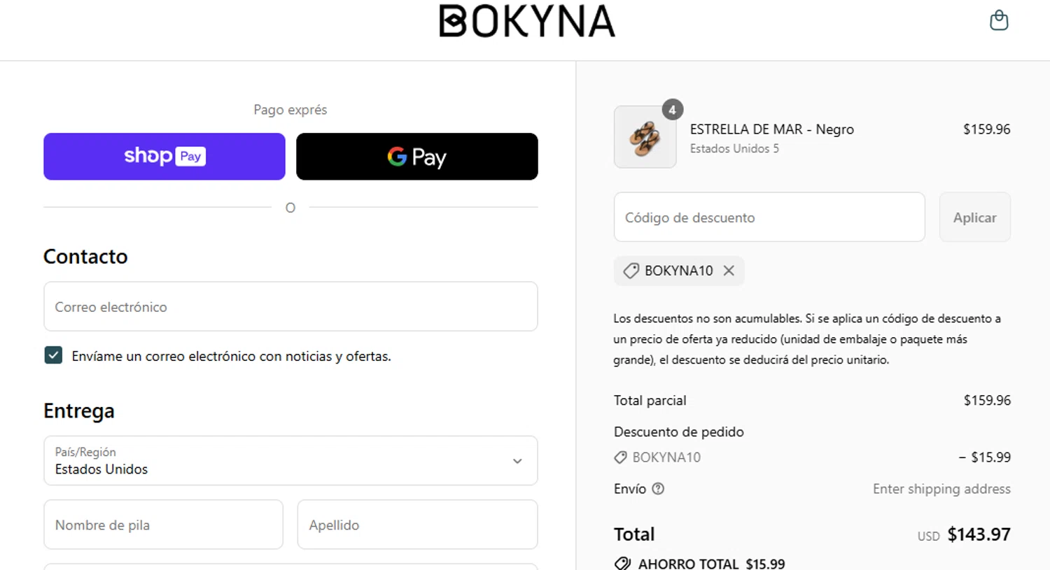 Bokyna discount code screenshot showing code BOKYNA10 applied at Bokyna checkout page. Uploaded by SimplyCodes community member Eliaslpz on Jul 26, 2025