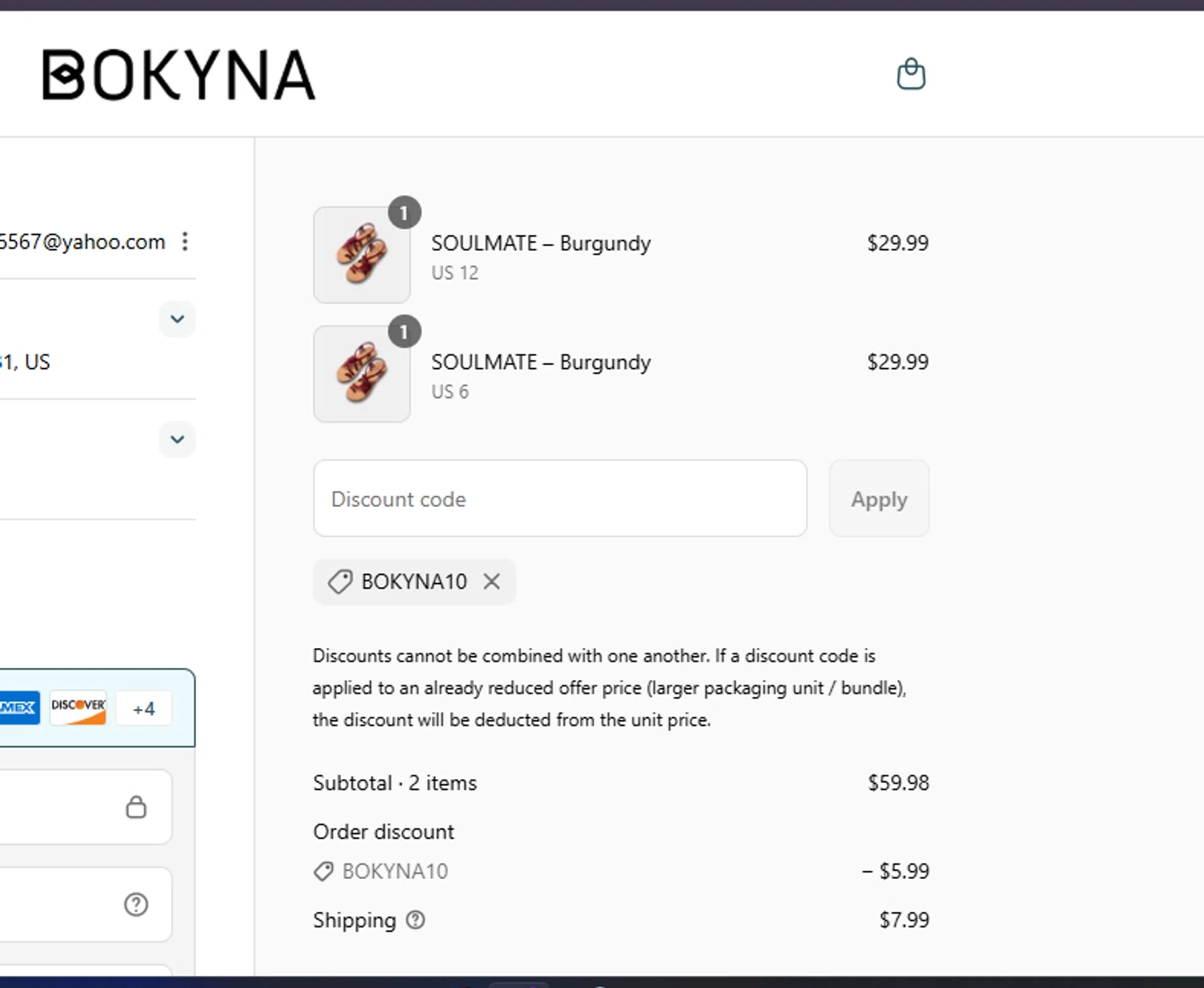 Bokyna discount code screenshot showing code BOKYNA10 applied at Bokyna checkout page. Uploaded by SimplyCodes community member Lamadama on Aug 16, 2025