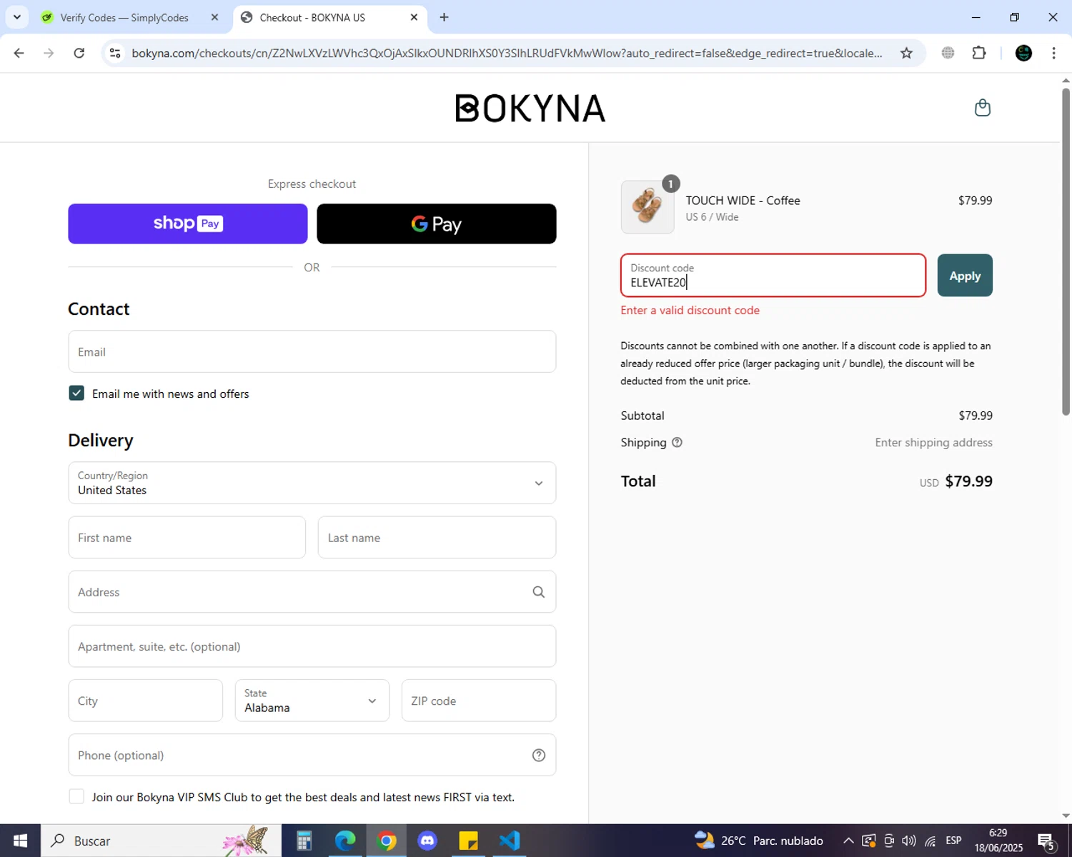 Bokyna discount code screenshot showing code ELEVATE20 applied at Bokyna checkout page. Uploaded by SimplyCodes community member GoldSaver5472 on Jun 18, 2025