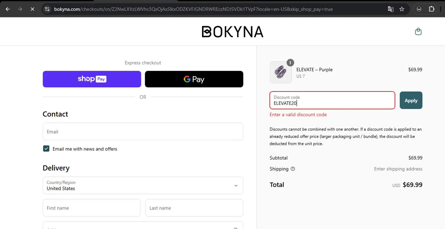 Bokyna discount code screenshot showing code ELEVATE20 applied at Bokyna checkout page. Uploaded by SimplyCodes community member RoyalSpotter5217 on Jun 18, 2025