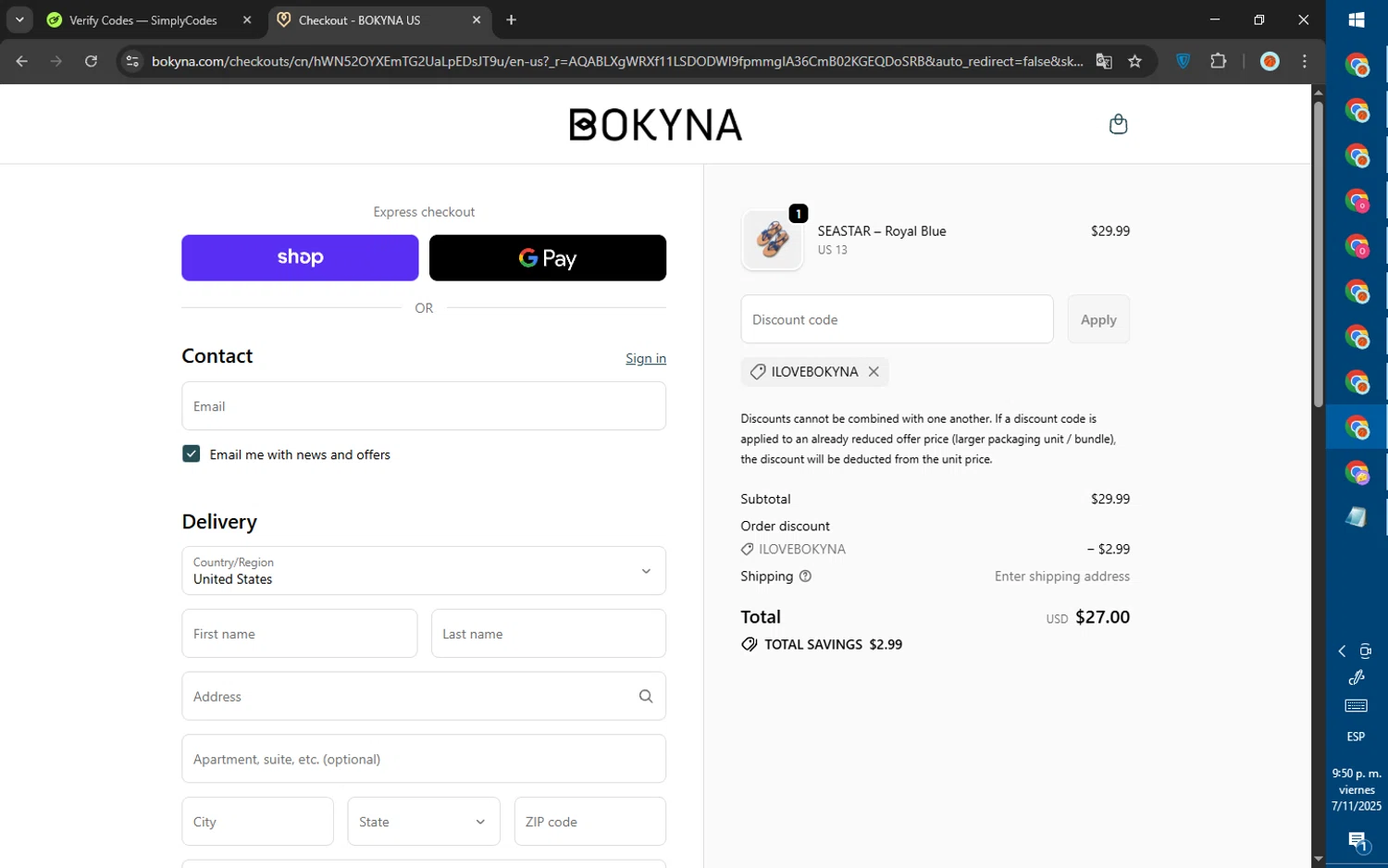 Bokyna discount code screenshot showing code ILOVEBOKYNA applied at Bokyna checkout page. Uploaded by SimplyCodes community member SalePhoenix823 on Nov 8, 2025