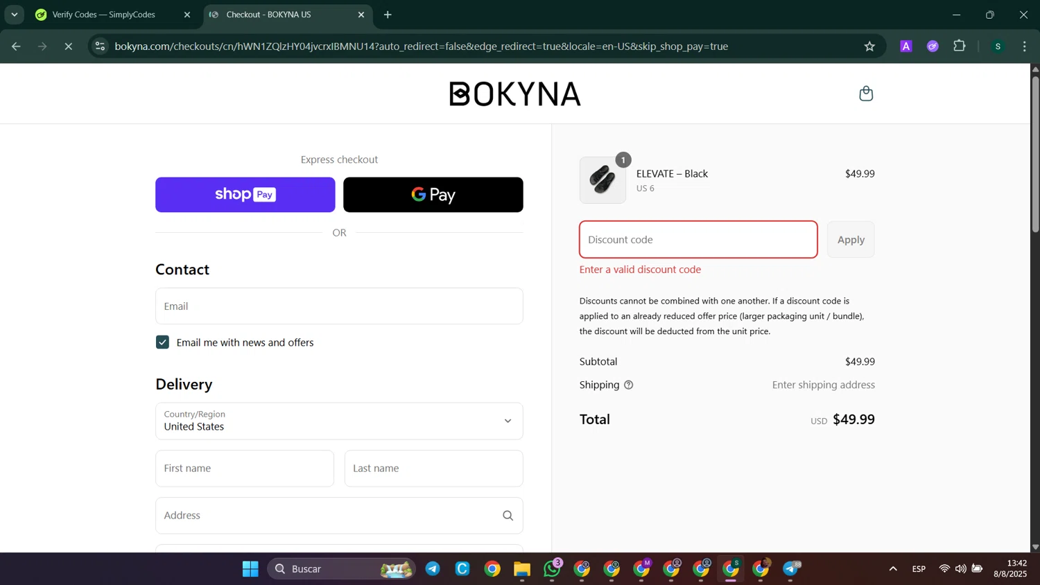 Bokyna discount code screenshot showing code BOKYNAS15 applied at Bokyna checkout page. Uploaded by SimplyCodes community member SaleHunter9008 on Aug 8, 2025