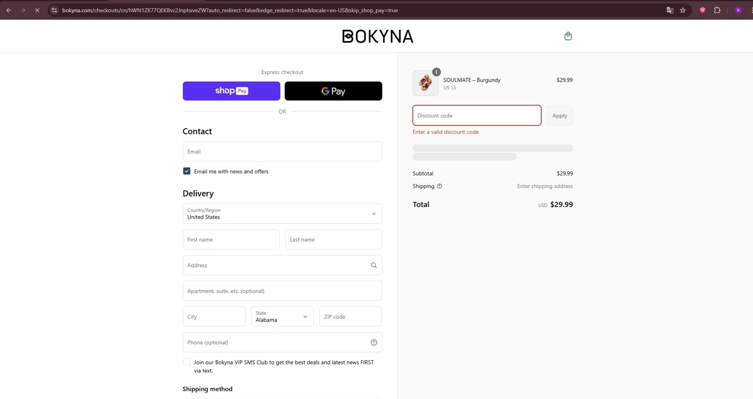 Bokyna discount code screenshot showing code BOKYNAS15 applied at Bokyna checkout page. Uploaded by SimplyCodes community member ThriftySage9319 on Aug 8, 2025