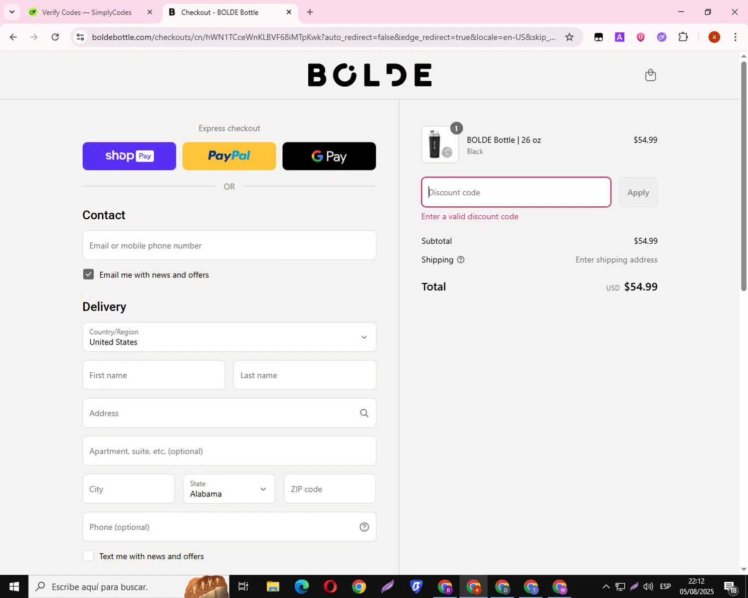 BOLDE discount code screenshot showing code BOGO applied at BOLDE checkout page. Uploaded by SimplyCodes community member PrimePro2711 on Aug 6, 2025
