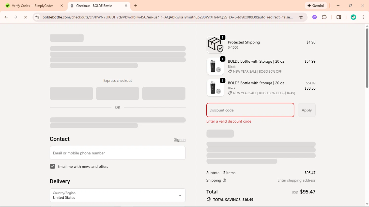 BOLDE discount code screenshot showing code BE-BOLDEVBSCCGL8 applied at BOLDE checkout page. Uploaded by SimplyCodes community member ShieldLegend9691 on Jan 11, 2026