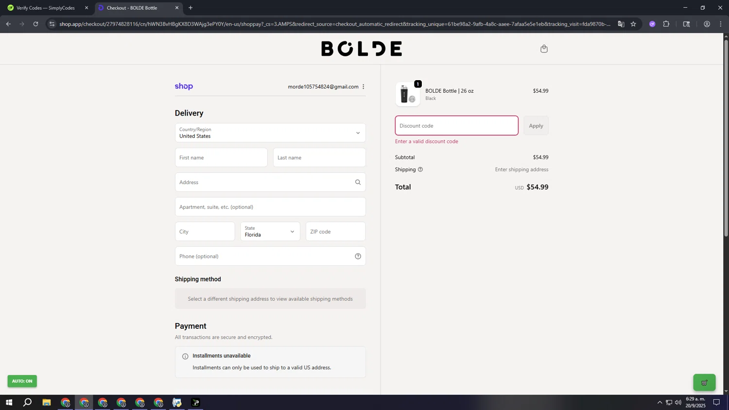 BOLDE discount code screenshot showing code THANKYOU20 applied at BOLDE checkout page. Uploaded by SimplyCodes community member ooooooooooooooooooo on Sep 20, 2025
