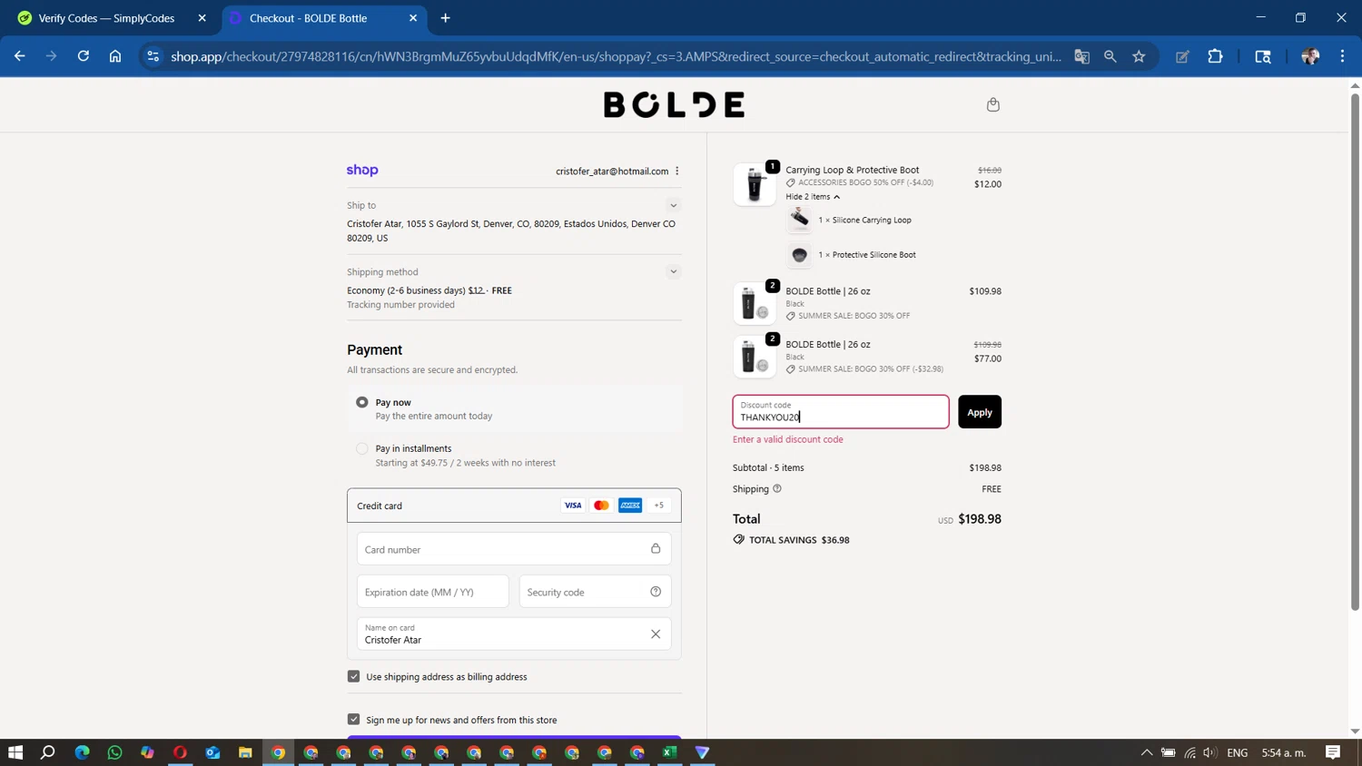 BOLDE discount code screenshot showing code THANKYOU20 applied at BOLDE checkout page. Uploaded by SimplyCodes community member DavidMGF on Sep 20, 2025