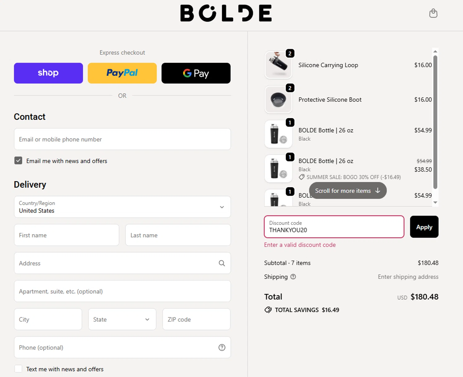 BOLDE discount code screenshot showing code THANKYOU20 applied at BOLDE checkout page. Uploaded by SimplyCodes community member valeriaantonieta on Sep 20, 2025