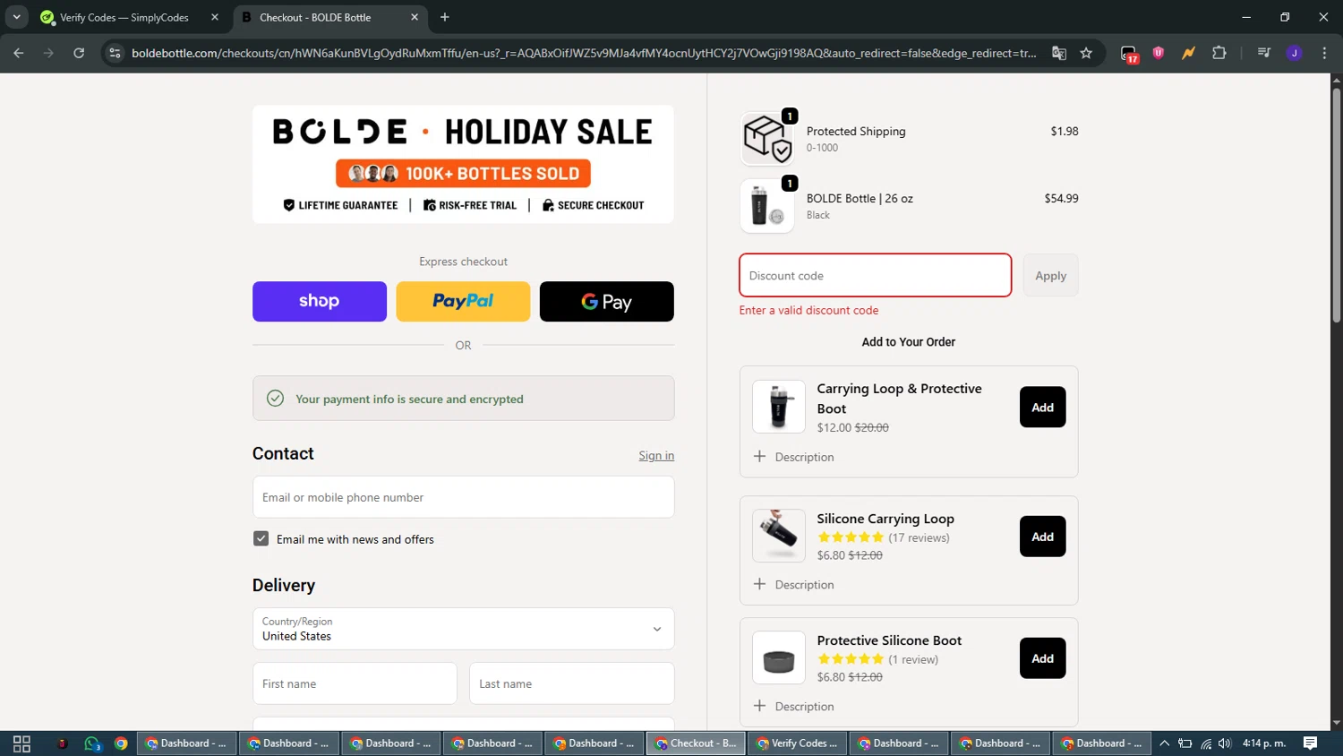 BOLDE discount code screenshot showing code HOLIDAY applied at BOLDE checkout page. Uploaded by SimplyCodes community member WiseMaven9968 on Dec 18, 2025
