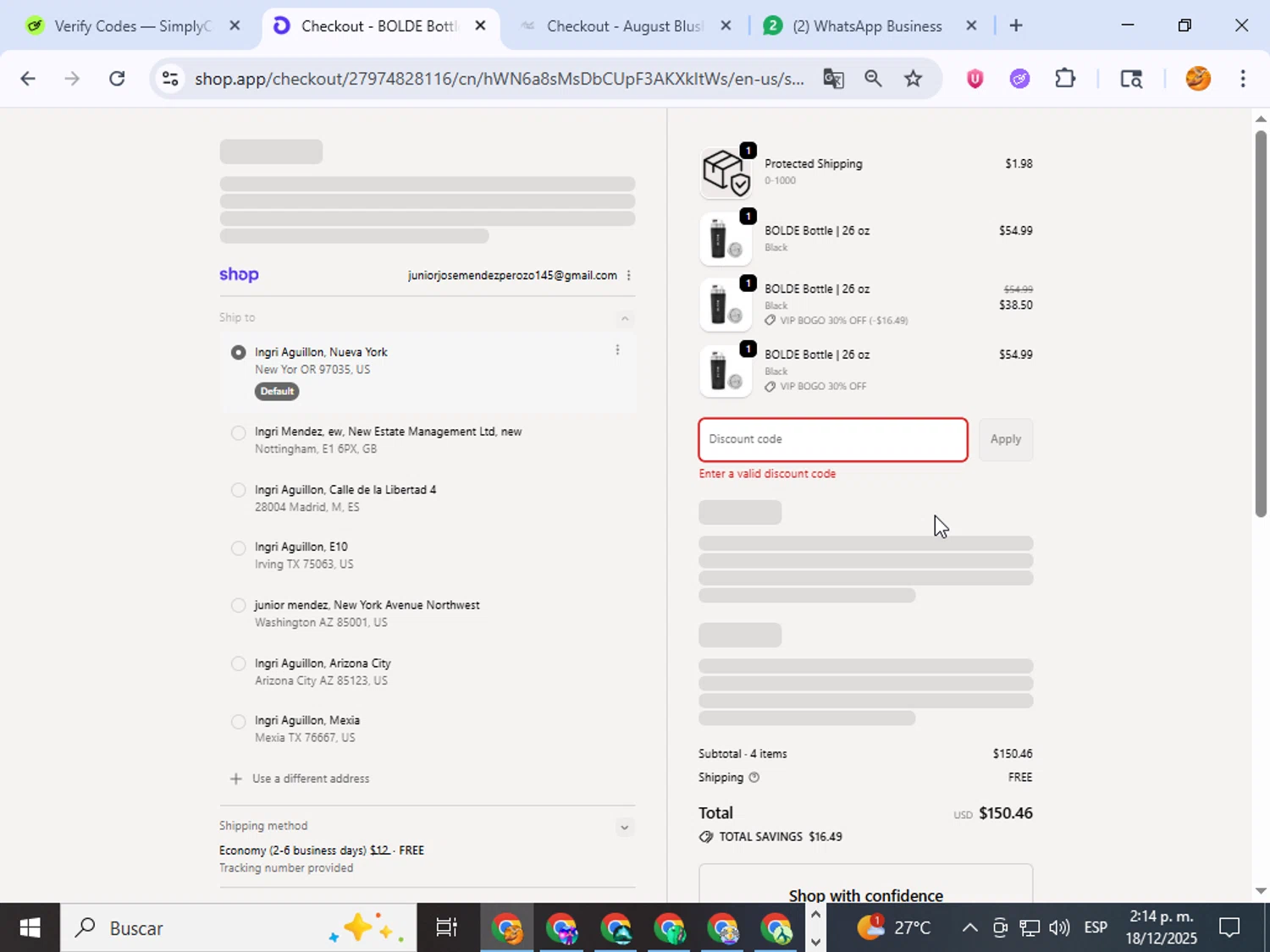 BOLDE discount code screenshot showing code HOLIDAY applied at BOLDE checkout page. Uploaded by SimplyCodes community member ingri96 on Dec 18, 2025