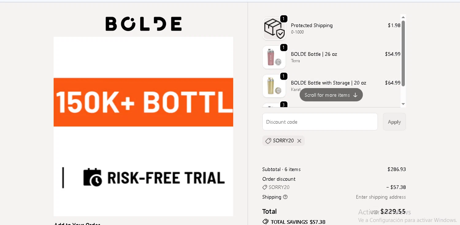 BOLDE promo code screenshot showing code SORRY20 applied at BOLDE checkout page. Uploaded by SimplyCodes community member beatrizcastillo on Jun 15, 2026