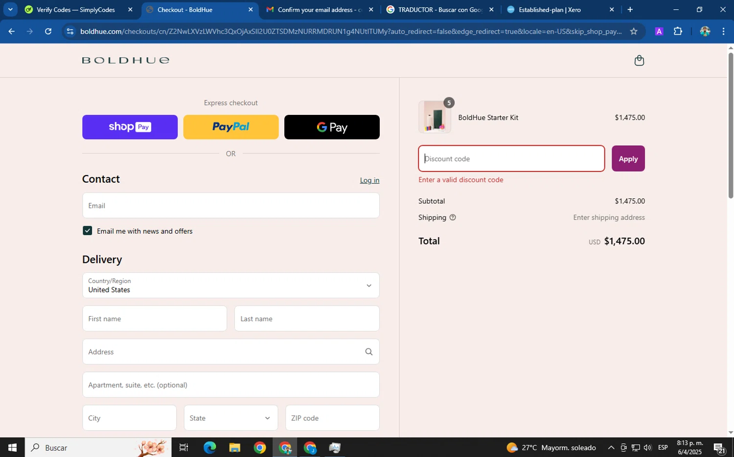 BoldHue promo code screenshot showing code TAMRON35 applied at BoldHue checkout page. Uploaded by SimplyCodes community member XemoGOD on Apr 7, 2025