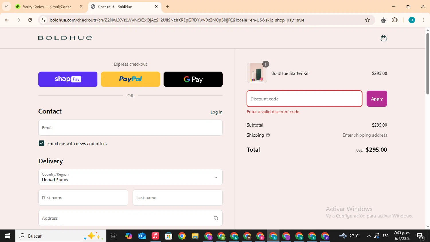 BoldHue promo code screenshot showing code TAMRON35 applied at BoldHue checkout page. Uploaded by SimplyCodes community member BudgetHero4407 on Apr 7, 2025