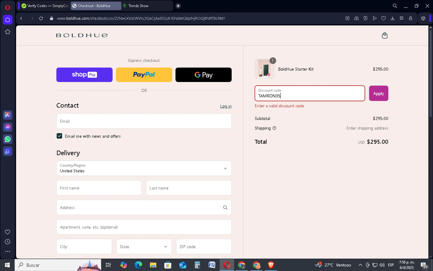 BoldHue promo code screenshot showing code TAMRON35 applied at BoldHue checkout page. Uploaded by SimplyCodes community member SavingsSentinel833 on Apr 6, 2025