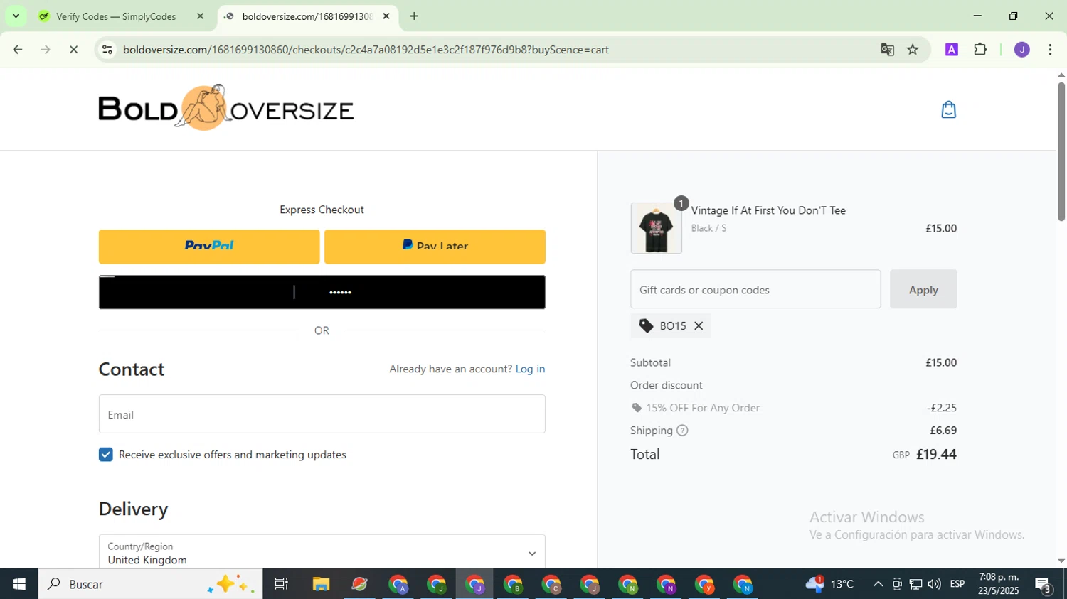 BOLDOVERSIZE promo code screenshot showing code BO15 applied at BOLDOVERSIZE checkout page. Uploaded by SimplyCodes community member PromoHunter9043 on May 24, 2025