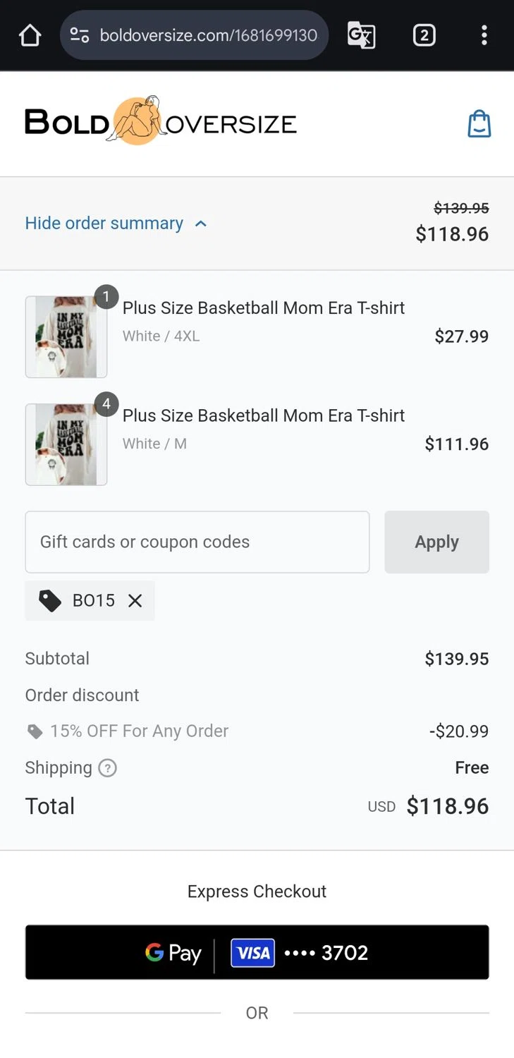 BOLDOVERSIZE promo code screenshot showing code BO15 applied at BOLDOVERSIZE checkout page. Uploaded by SimplyCodes community member BonusCaptain9927 on Apr 25, 2025