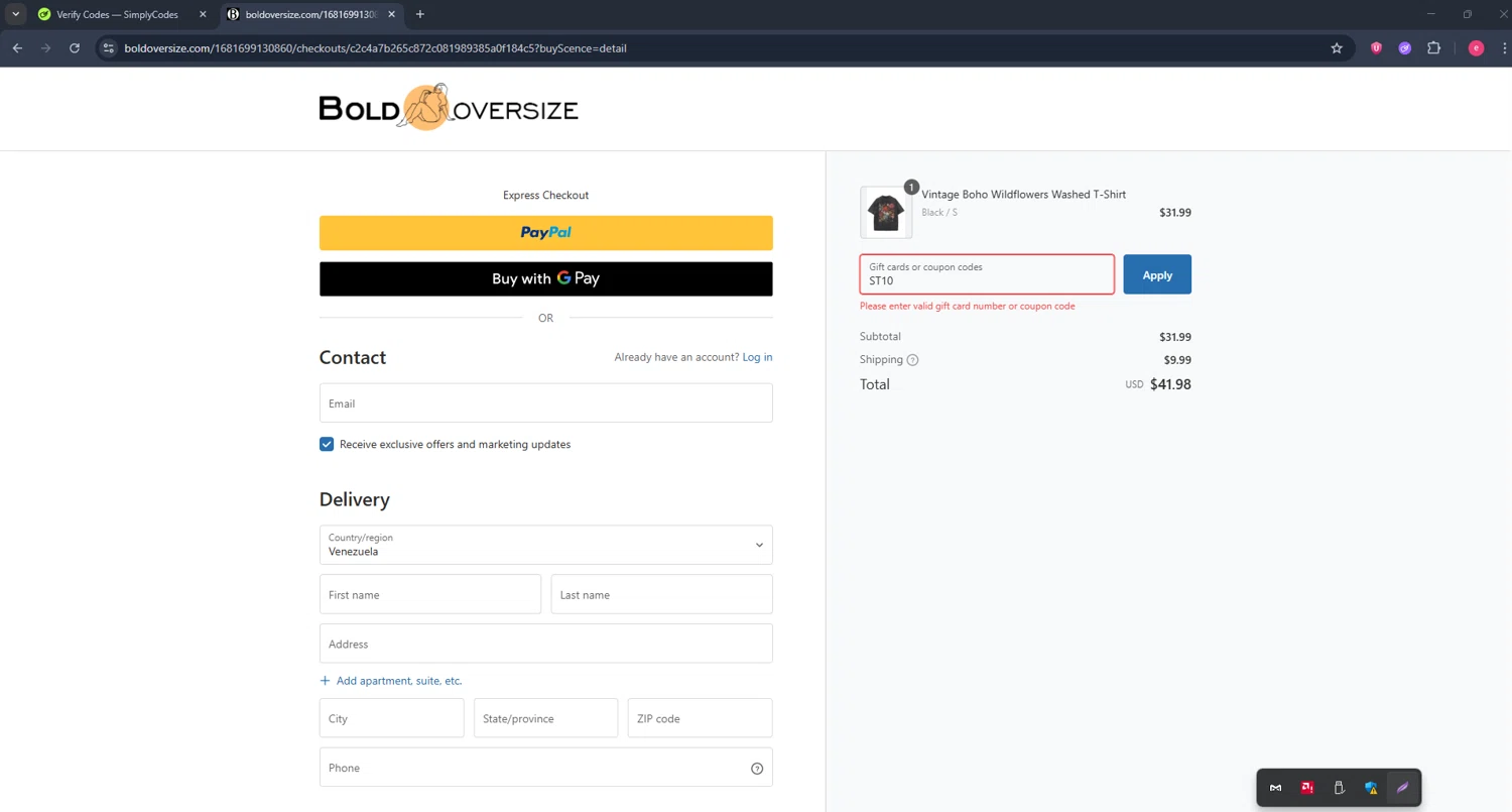 BOLDOVERSIZE promo code screenshot showing code ST10 applied at BOLDOVERSIZE checkout page. Uploaded by SimplyCodes community member TreasureWarden457 on Aug 13, 2025
