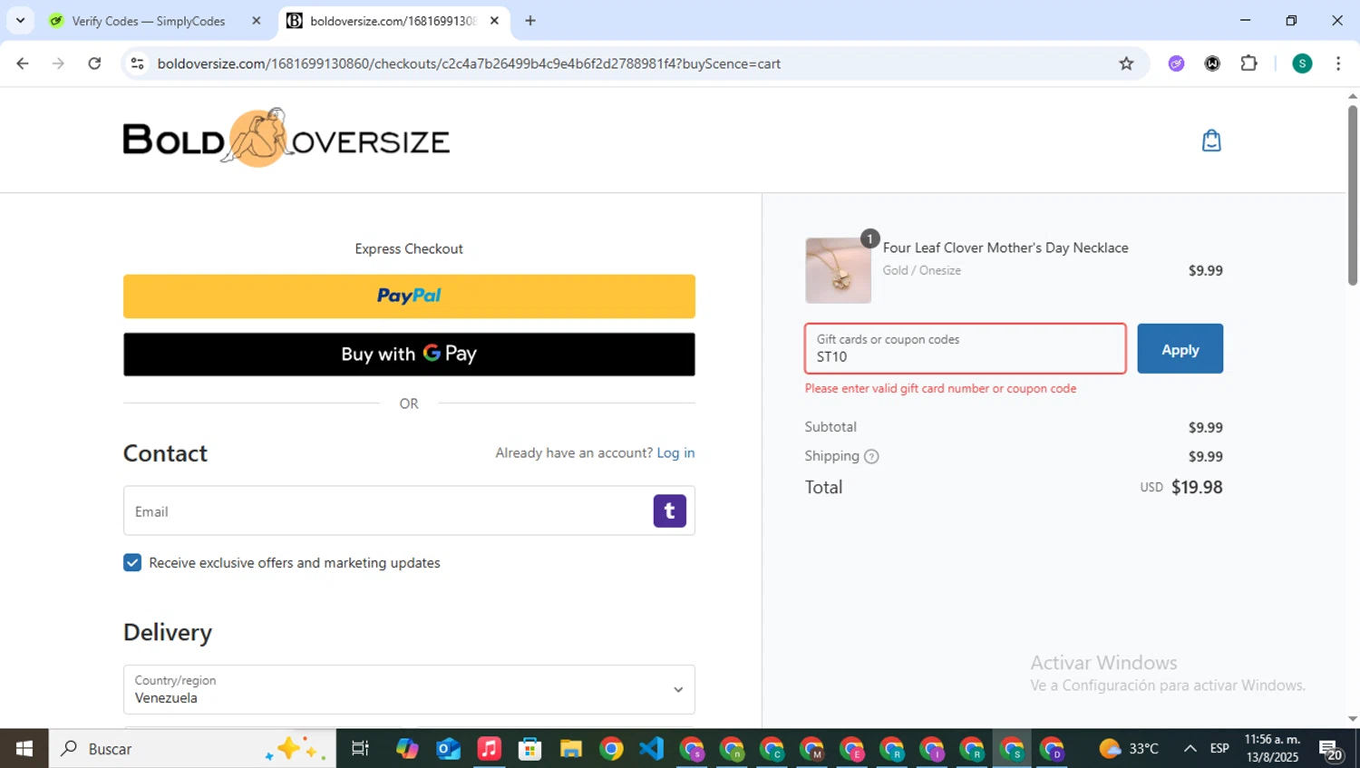 BOLDOVERSIZE promo code screenshot showing code ST10 applied at BOLDOVERSIZE checkout page. Uploaded by SimplyCodes community member VictoriousPilot5281 on Aug 13, 2025