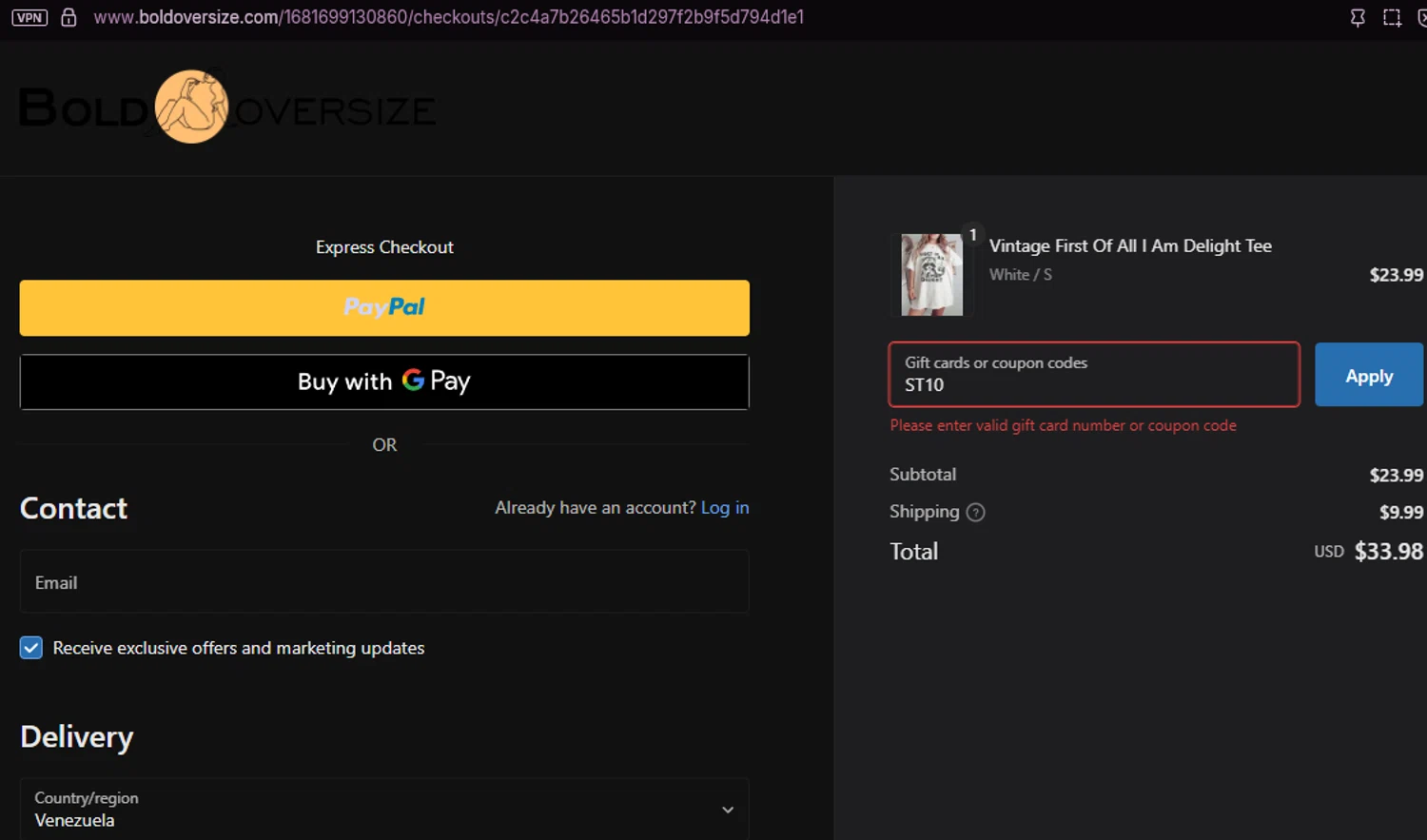 BOLDOVERSIZE promo code screenshot showing code ST10 applied at BOLDOVERSIZE checkout page. Uploaded by SimplyCodes community member chepipi on Aug 13, 2025
