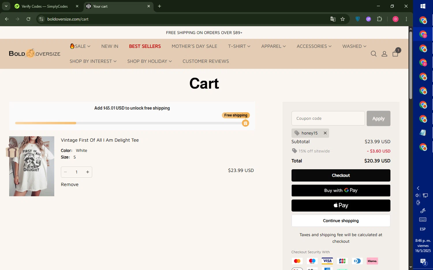 BOLDOVERSIZE promo code screenshot showing code Honey15 applied at BOLDOVERSIZE checkout page. Uploaded by SimplyCodes community member LegendaryRanger6350 on May 17, 2025