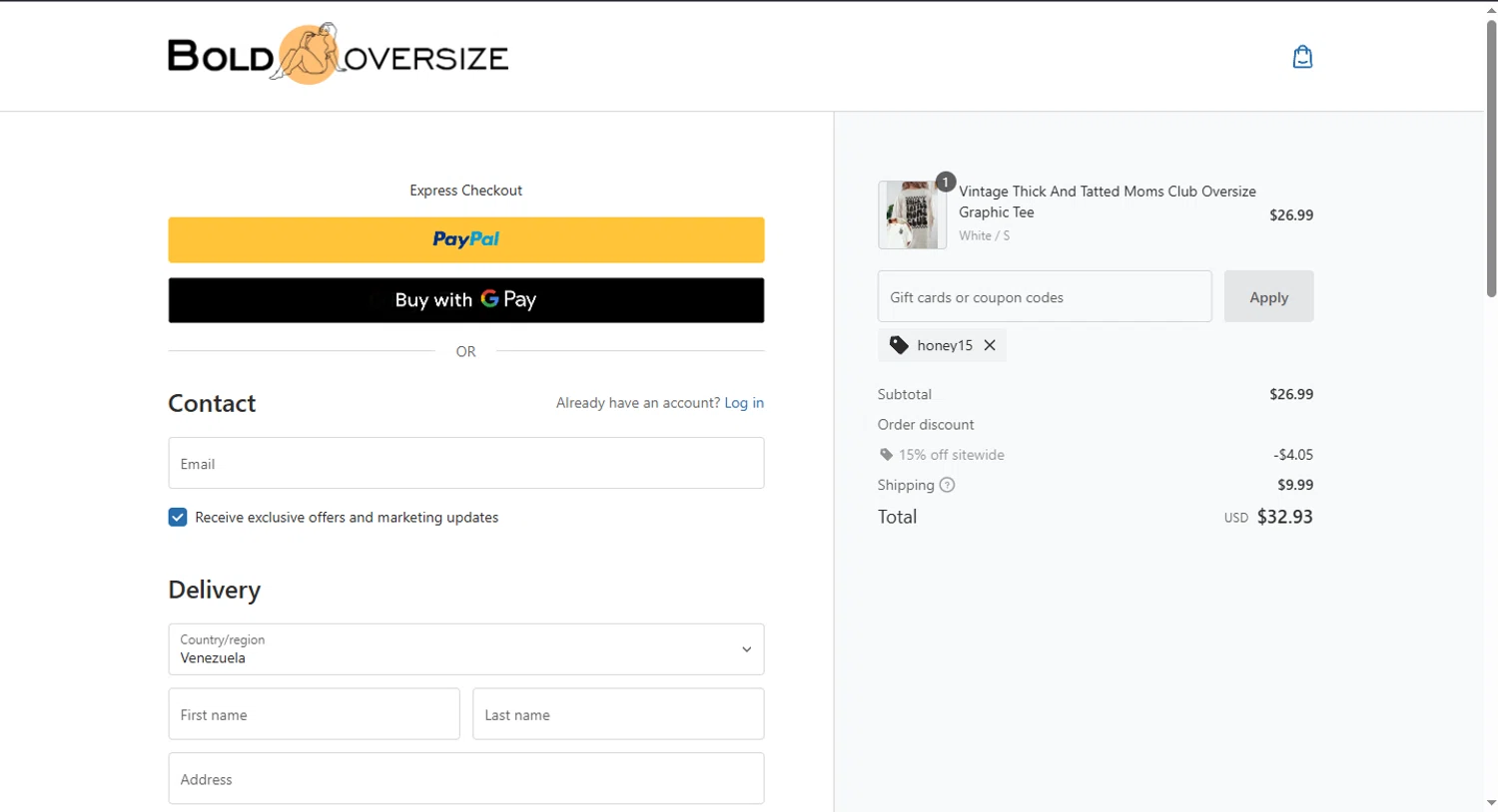 BOLDOVERSIZE promo code screenshot showing code Honey15 applied at BOLDOVERSIZE checkout page. Uploaded by SimplyCodes community member WoskalRevenge on May 24, 2025